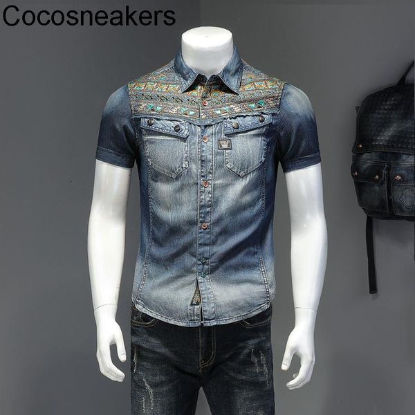 

men's jackets personalized denim short sleeve shirt flower, Black;brown