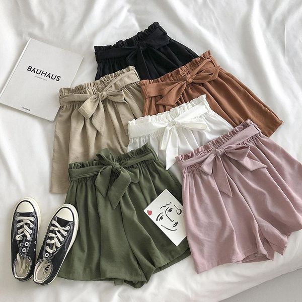 

women's shorts fashion summer 2021 korean solid color loose cool lace-up elastic high waist wide leg casual white, White;black