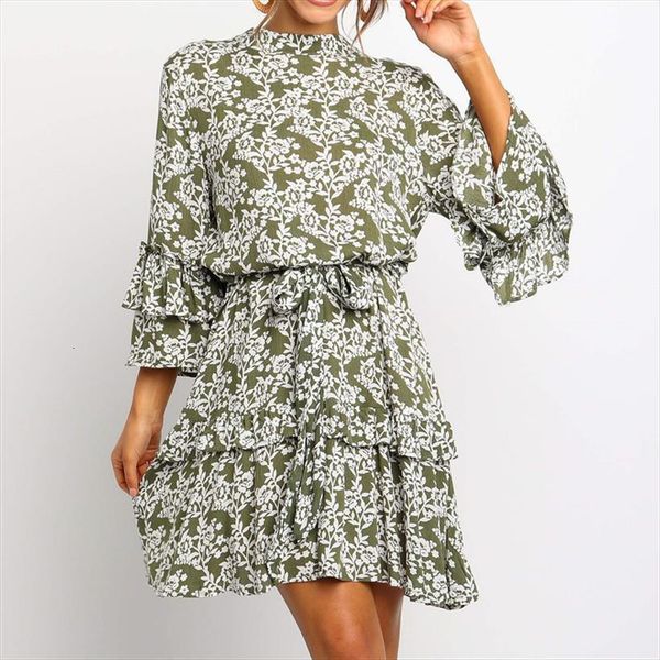 

armygreen floral print autumn women dress 3 4 sleeve ruffles boho beach chiffon mini dresses stand collar sashes casual, Black;gray