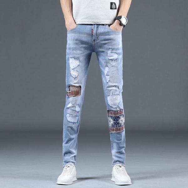 

men's jeans spring light color trendy brand korean version of the trend holes slim feet long pants for men, Blue