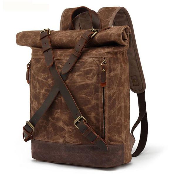 

backpack waterproof waxed canvas men leather women rucksack travel bagpack large teenager school bag male knapsack
