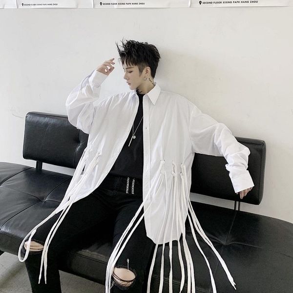 

spring and autumn youth trend small numerous streamer design solid color long sleeve shirt fashion casual jacket coat men's shirts, White;black