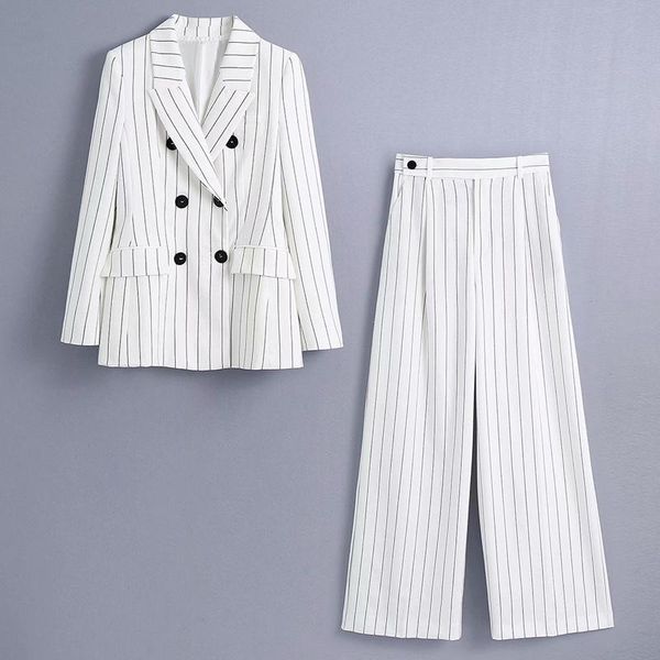 

women's two piece pants white pant suits women autumn stripe double breasted blazer wide leg casual office lady outfits elegant fashion