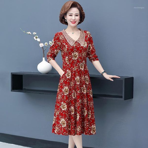 

casual dresses 2021 middle aged elegant vintage midi dress spring autumn long sleeve printing v-neck 5xl plus size vestido women bodycon, Black;gray