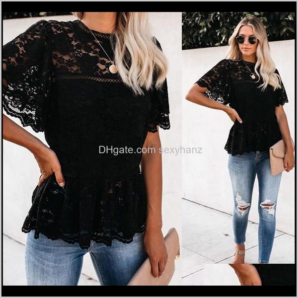 T-shirt Tops Tees Tees Roupas Vestuário Gota entrega 2021 Womens Fashion Leve Curto Flowy Sleeves Glam Branco Lace Peplum Top Aq6JC