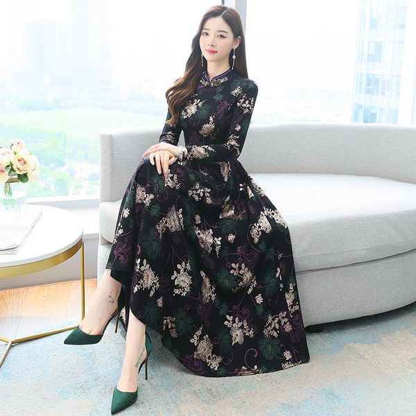 

casual dresses coigarsam women long dress 2022 cheongsam vintage gold red robe vestidos, Black;gray