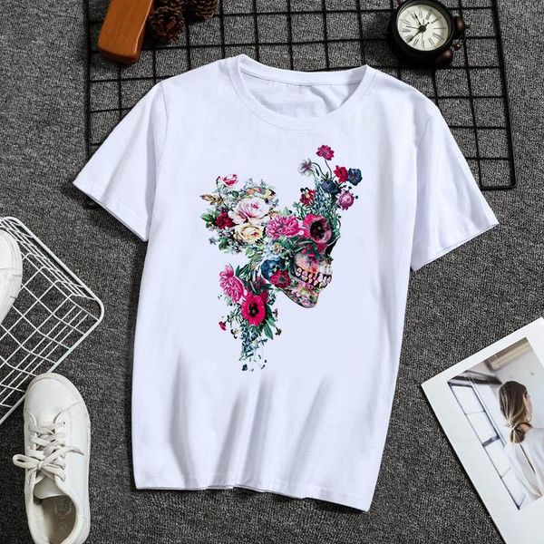

women's t-shirt summer fashion skeleton plant short sleeve ladies harajuku graphic tee female, White