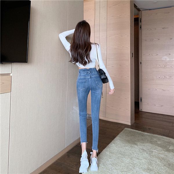 

women's jeans high-solid blue waistband thin korean woman split button female jeans stretched women's brim pants uakp