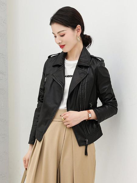 

women's leather & faux jacket short 2021 motorcycle slim little, Black
