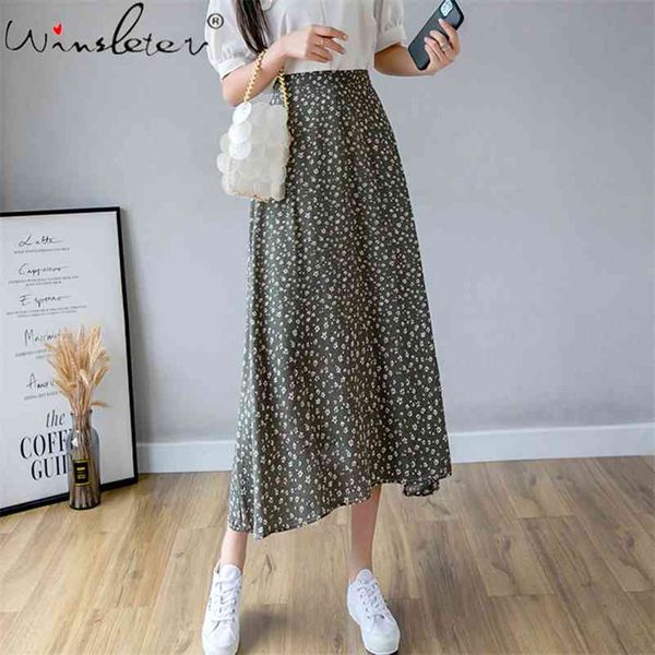 

green floral print skirts womens vintage elastic high waist midi skirt summer new sweet ladies holiday skirt saia faldas b04910b 210412, Black