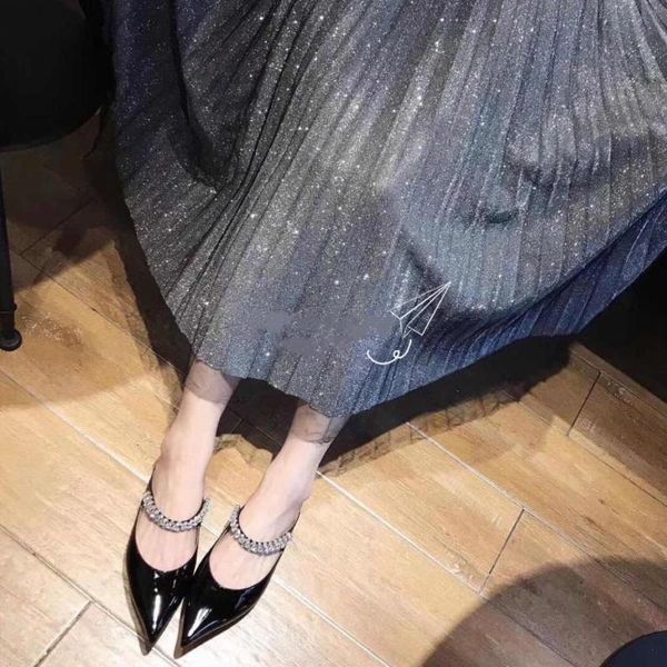 

slippers summer rhinestone pointed high-heeled shoes thin heel elegant baotou word buckle women's sandals hesj, Black