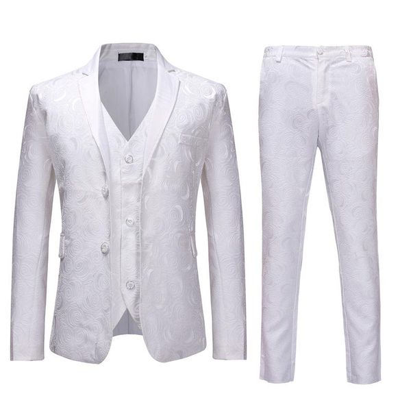 

men's suits & blazers 3 pieces white rose jacquard with pants brand single breasted party formal wedding singer dress suit blazer jacke, White;black