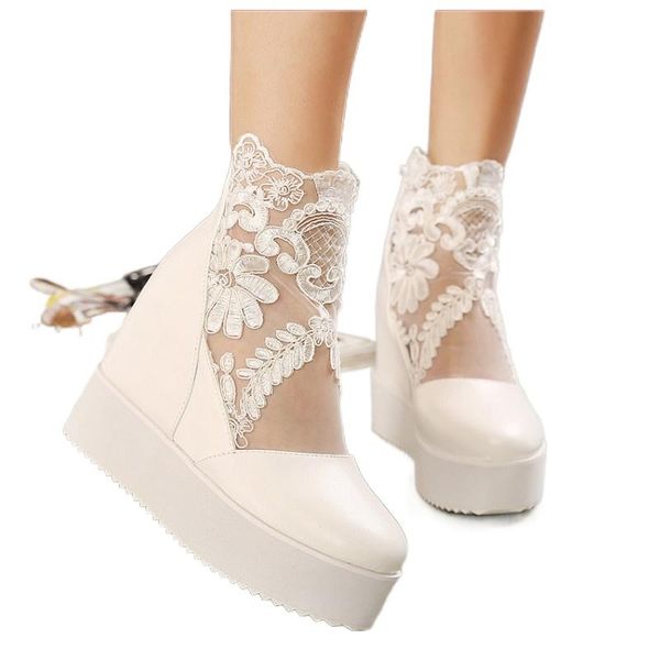 

sandals wedge high heels korean style lace mesh peep toe height increasing insole women's spring casual shoes summer, Black
