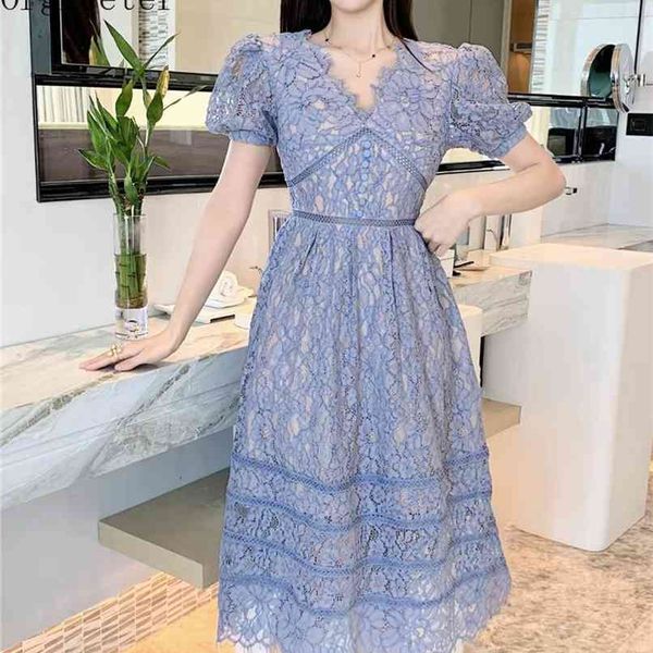 

est summer dress classic eyelash lace women puff short sleeve v-neck backless slim midi red,blue,black,white 210602
