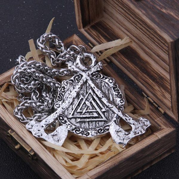 

pendant necklaces iron color viking axe and odin rune necklace with stainless steel chain as men gift wooden box, Silver