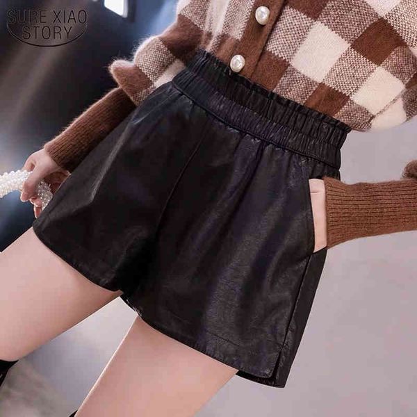 

fashion slim black all-match high waist woman pant winter wide leg loose pu leather short pants pantalon corto 11267 210508, Black;white