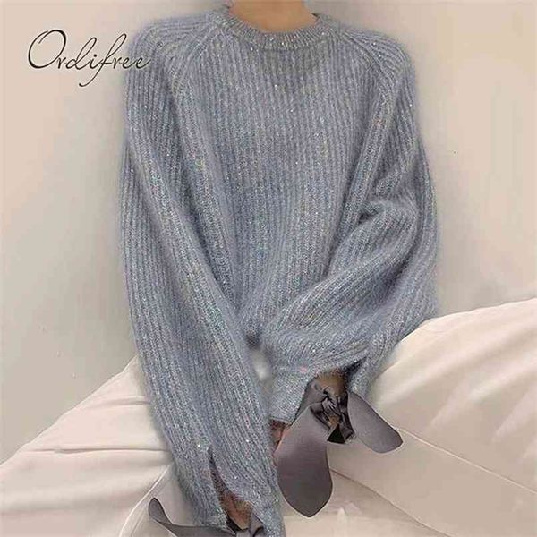

autumn women knitted sweater pullover cute girls blue jumpers 210513, White