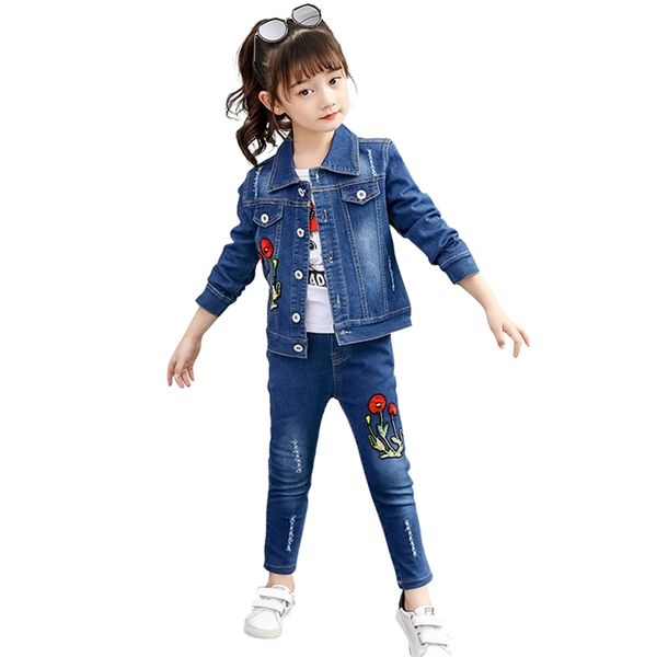 

girls clothes denim jacket + jeans for spring autumn sets teenage children's 6 8 10 12 14 210528, White