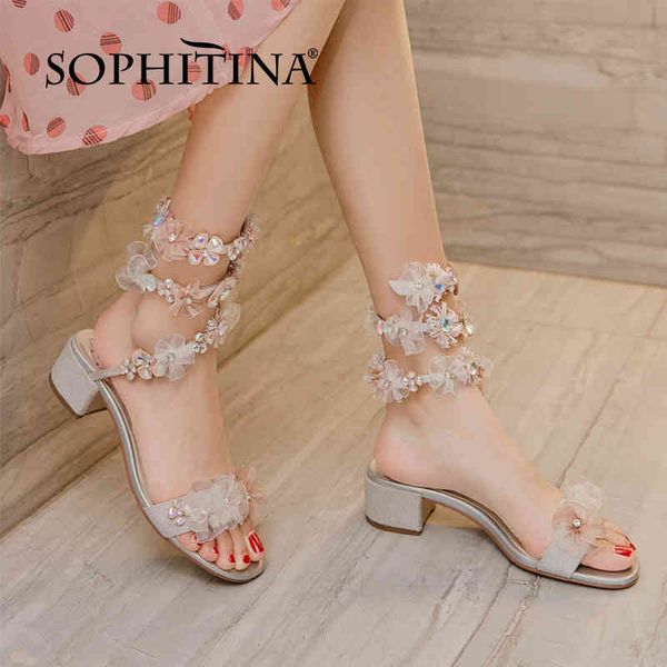 

sophitina genuine leather summer women shoes sandals square heel sweet flower party round toe stylish dressing fo383 210513, Black