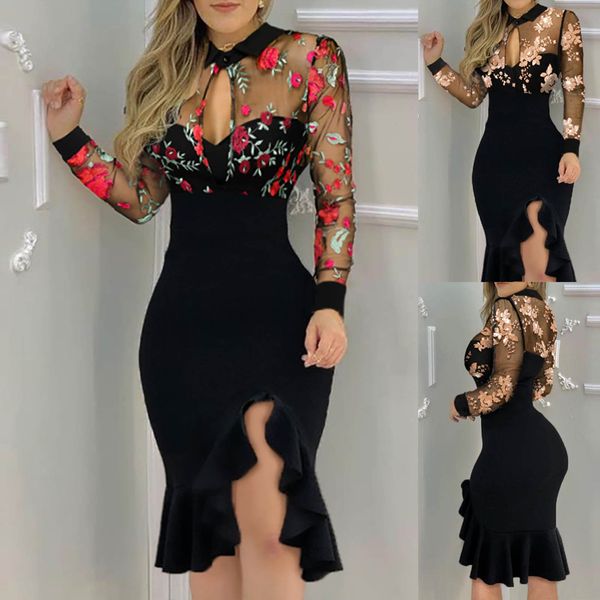 Sexy kurze schwarze Meerjungfrau-Abschlussballkleider lange Ärmel Schlitz Rüschen Saum Blumenmuster Spitze Cocktail Party Kleid Besondere Anlässe Kleider für Frauen Mädchen