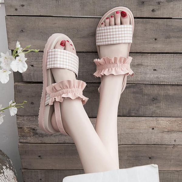 

roman flock ruffles open toe sandals women creepers lattices fabric colors block gladiator sandalias sweet flats femmes sandale, Black