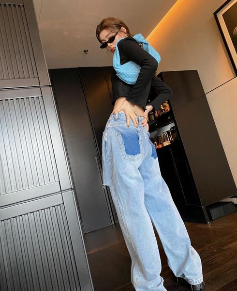 

women's jeans high waist 2021 summer wide leg ripped straight loose slimming chic elegant daddy pants, Blue
