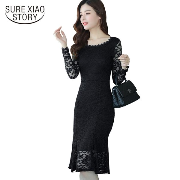 Элегантные моды женщины пакет бедра платье с длинным рукавом черное кружево тонкий сексуальный рыбий дом D118 30 210506
