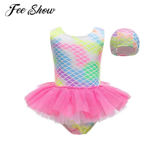 

2pcs kids girls swimsuits beachwear round neck sleeveless fish scale print ruffled mesh around waist swimming suit with hat one-pieces, Black