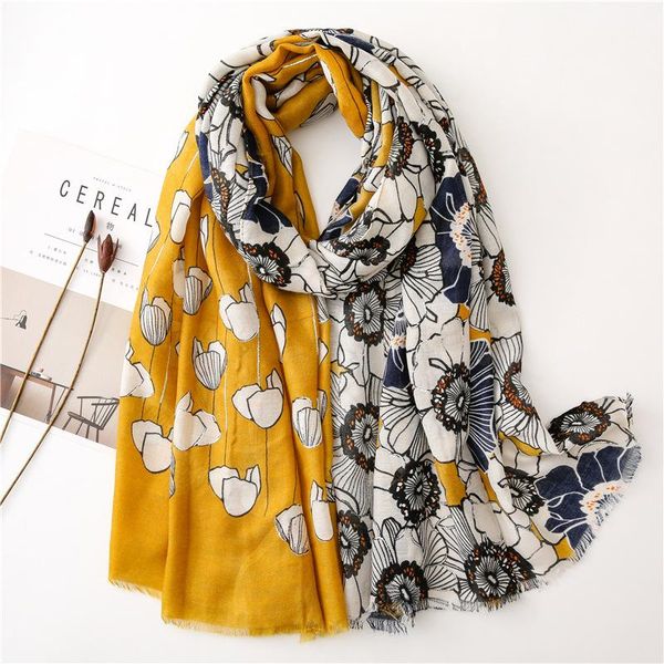 

scarves 2021 est women floral pattern gold foil scarf 10pcs/lot, Blue;gray