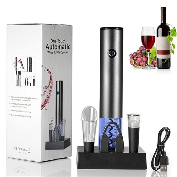 Abridor de garrafa de vinho elétrico conjunto com base de carregamento automático um-botão toque de vinho tinto vinho tinto USB recarregável abridor conjunto 210915