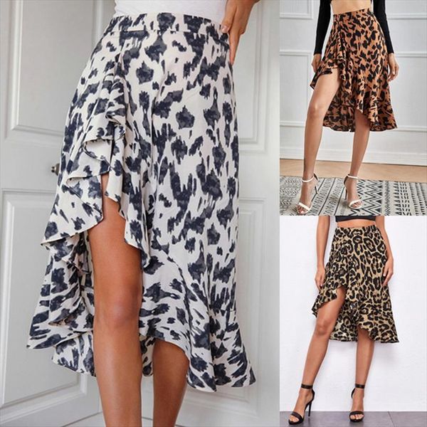

leopard print high waist womens skirts split asymmetrical personality elegant beach street elastic outfits, Black
