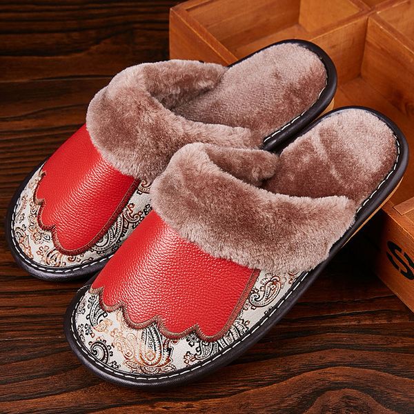 

genuine leather retro female slippers sewing embroider home slippers women flannel warm furry soft slippers memory foam, Black