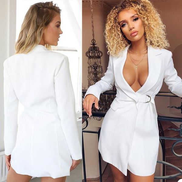 Branco manga comprida blazer vestido ternos com cinto v pescoço noiva outfits de casamento lazer mini festa de noite curta desgaste apenas um pedaço