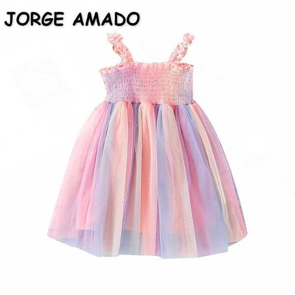 Оптом летние бабы девочек платье без рукавов радуга слинг принцесса детская одежда E621 210610