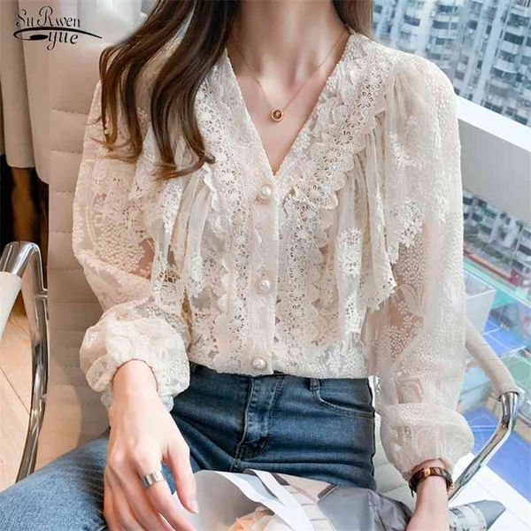 

lace ruffled patchwork blouse women up flower hollow out shirt puff sleeve v-neck sweet clothing blusas 13430 210521, White