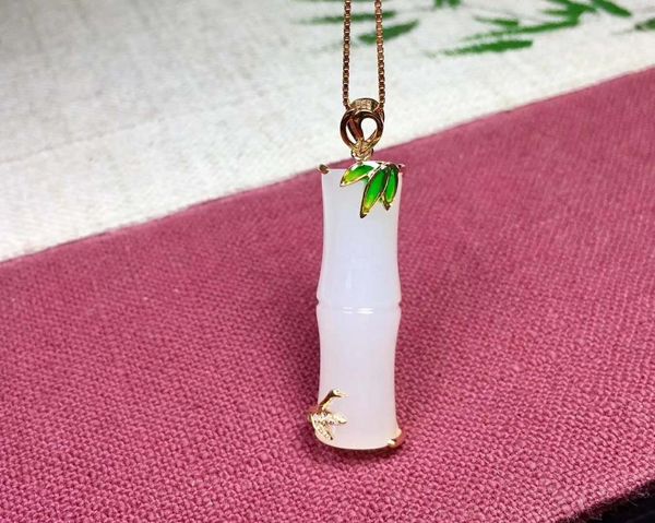 

lockets 18k gold inlaid hetian white jade bamboo pendantj57#, Silver