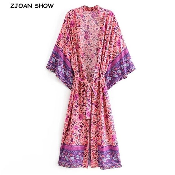 

boho fuchsia floral print long kimono shirt hippie women lacing up tie bow sashes cardigan loose blouse holiday 210429, White
