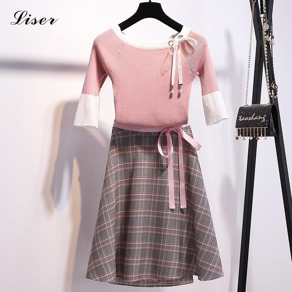 

two piece dress women set 2 skirt and sweater elegant outfits knit pullover flare sleeve pink plaid bow winter clothes suit, White