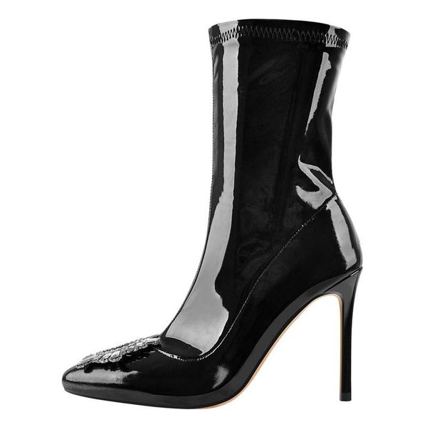 

boots onlymaker woman thin high heel ankle pointed toe sun shape crystal decoration minimalistic stretch lady shoes leg lengthen, Black