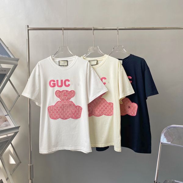 

luxury design cartoon bear embroidery fashion short sleeve t-shirt for women, White