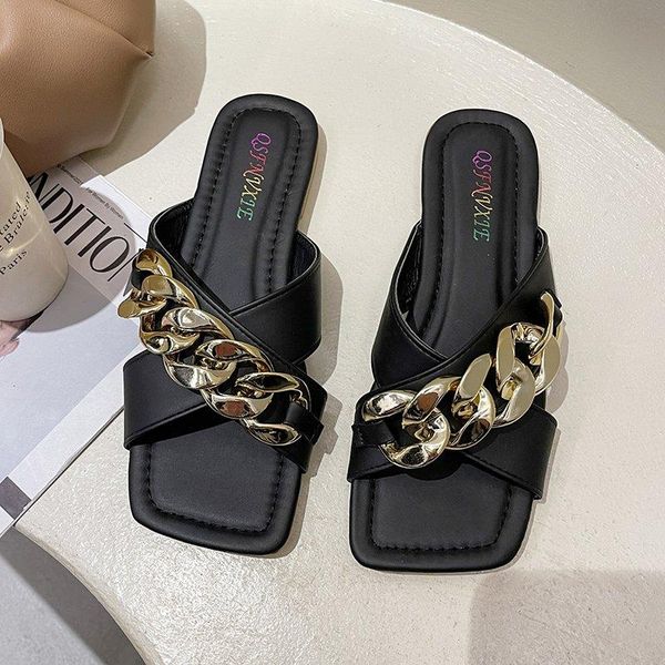 

slippers eoeodoit summer casual metal chain decoration fashion leather sandals outside slides shoes drags, Black