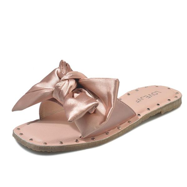 

women sandals bowknot satin studded slip on flat summer autumn beach chic slides, Black