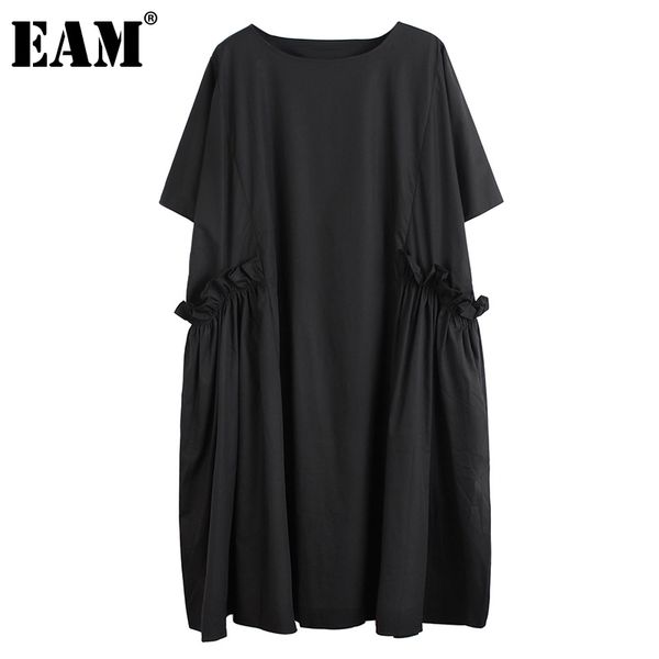 

[eam] women black big size pleated ruffle dress round neck short sleeve loose fit fashion spring summer 1dd7477 21512, Black;gray