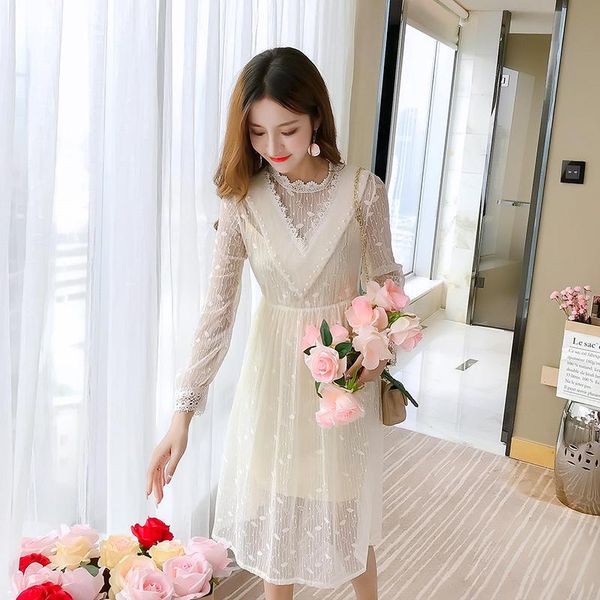 

casual dresses 17zq women lace dress 2021 korean pearl edition platycodon vintage french hollow out female eyelash vestidos d1904, Black;gray