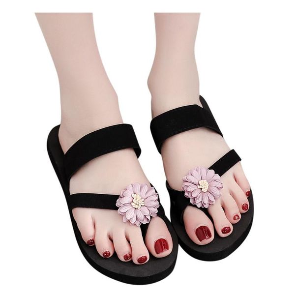 

women beach slippers flip flops shoes bohemia style flower breathable sandals home slipper flip-flops flat, Black