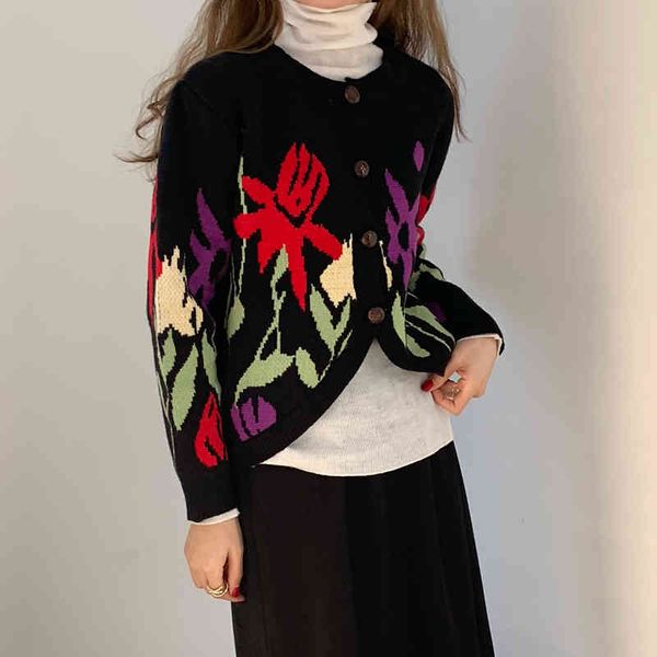 

gentle elegant retro patchwork chic flowers cardigans fashion vintage color-hit women sweet knitted sweaters 210421, White