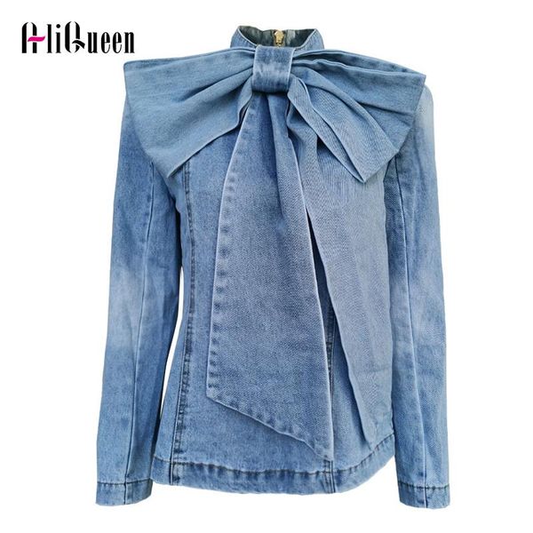 

women's jackets autumn women runway jeans coat big bow stand collar denim jacket back zipper vintage streetwear button outwear, Black;brown