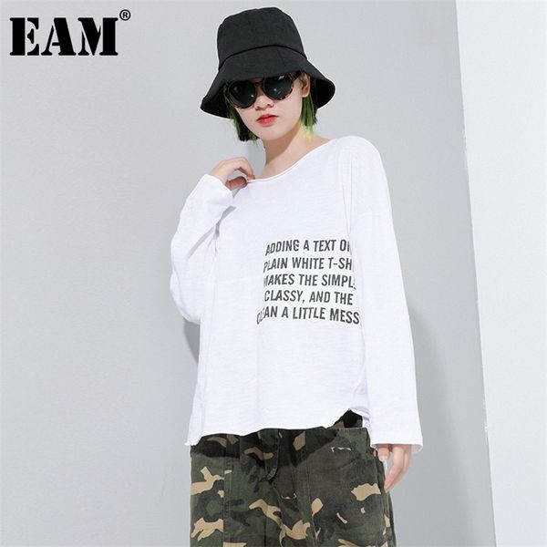 

[eam] women black white pattern printed big size t-shirt new round neck long sleeve fashion tide spring autumn 1dc070 210401