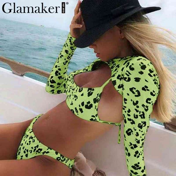 

glamaker neon leopard print bikini set long sleeve swimsuit push up swimwear women high cut bathing suit 2-piece bodysuit 210414, White;black
