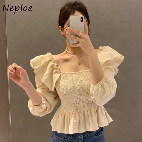 

elegant ruffles patch slim fit blouse women square collar clavicle exposed blusas draped short sleeve shirt 210422, White